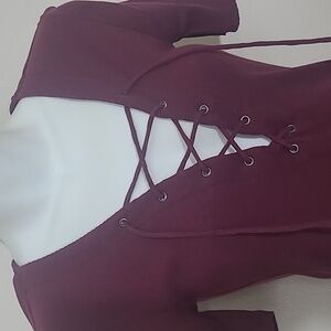 Lace Up V neck T-shirt Top Short Sleeve Ribbed Burgandy Stretch Croquette Girl